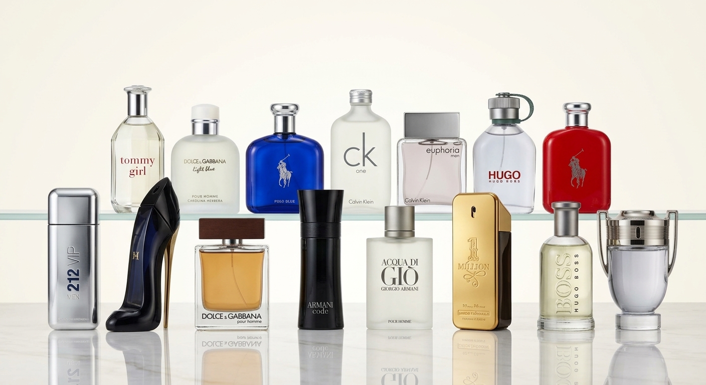 Perfumes originales de Carolina Herrera, Dolce & Gabbana, Giorgio Armani, Calvin Klein, Hugo Boss, Ralph Lauren y Paco Rabanne en dos repisas