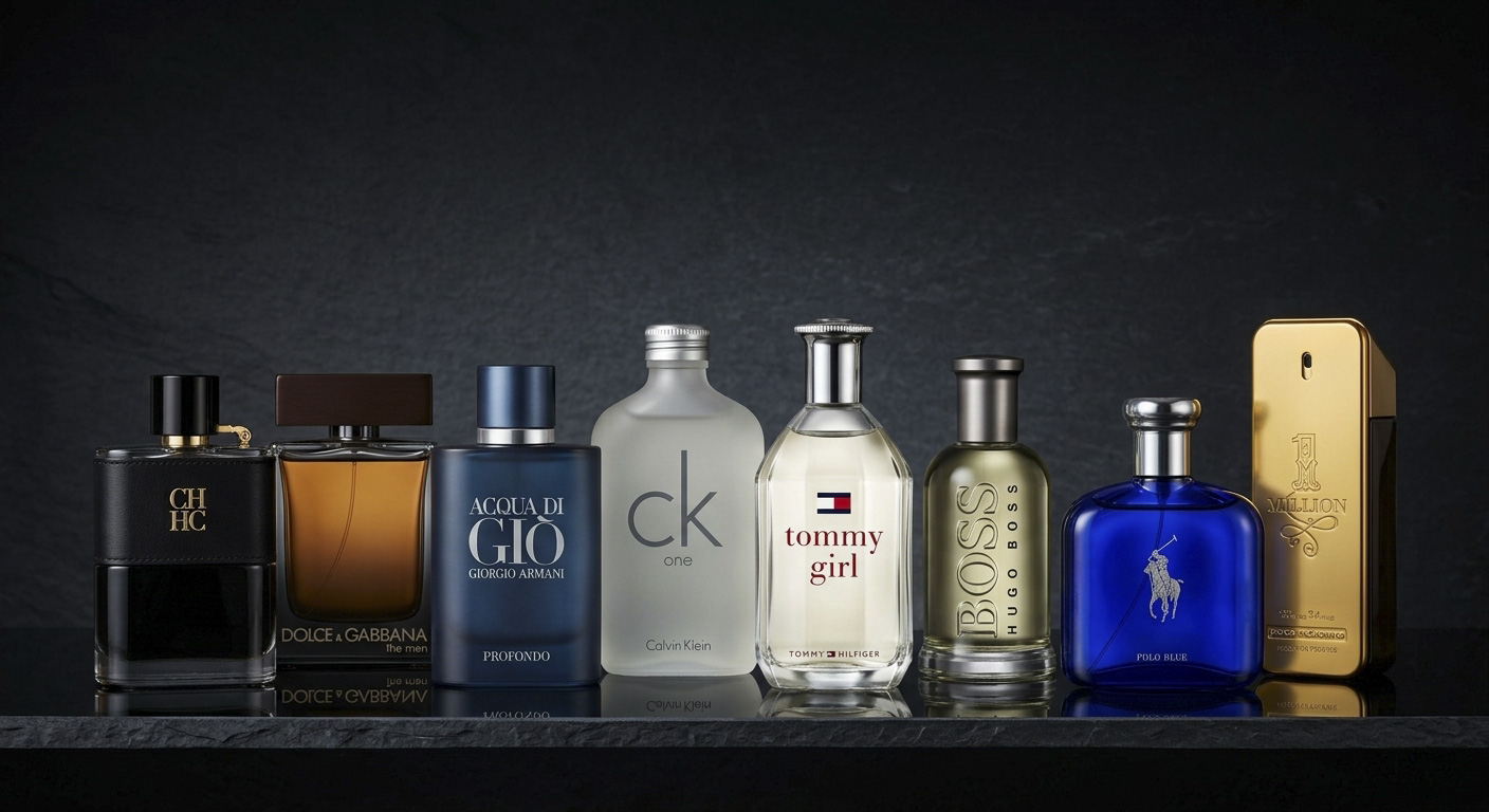 Perfumes originales de marcas reconocidas disponibles al mayoreo en Zafrag: Carolina Herrera, Dolce & Gabbana, Giorgio Armani, Calvin Klein, Tommy Hilfiger, Hugo Boss, Ralph Lauren y Paco Rabanne sobre una repisa oscura
