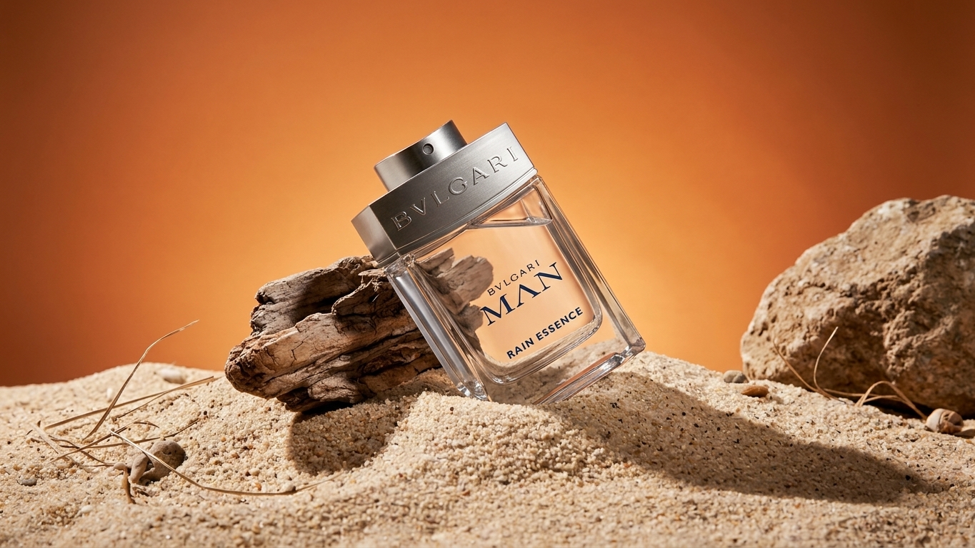 Frasco de Bvlgari Man Rain Essence sobre arena, con luz cálida de fondo